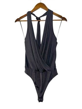 Express Bodysuit Dark Metallic Gray Deep V-Neck Surplice Drape Halter Size L